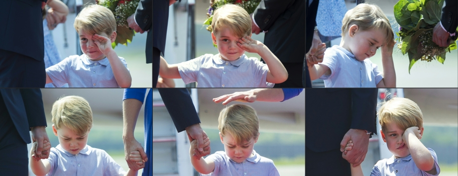(COMBO) This combination of six pictures created on July 19, 2017 shows Britain's Prince George holding the hand of his father Prince William, Duke of Cambridge, upon their arrival at the airport in Berlin on July 19, 2017.
The British royal couple is on a three-day-visit in Germany. / AFP PHOTO / STEFFI LOOS