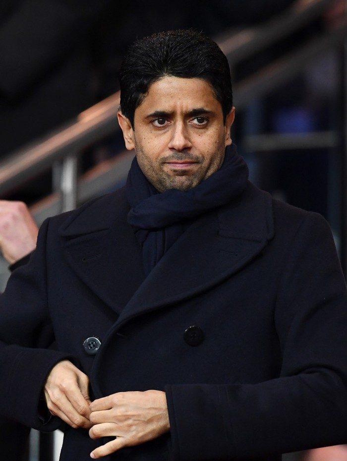 (FILES) This file photo taken on March 19, 2017 shows Paris Saint-Germain's Qatari president Nasser Al-Khelaifi attending the French Ligue 1 football match between Paris Saint-Germain and Olympique Lyonnais at the Parc des Princes stadium in Paris.
Paris Saint-Germain president and beIN Media chief Nasser al-Khelaifi will be questioned by Swiss prosecutors on October 25 in a World Cup media rights probe, his lawyer told AFP on October 18, 2017. / AFP PHOTO / FRANCK FIFE