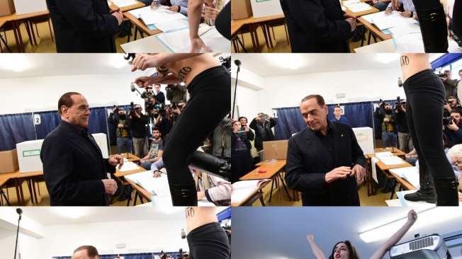 Silvio Berlusconi ficou sem jeito diante da manifestante seminua