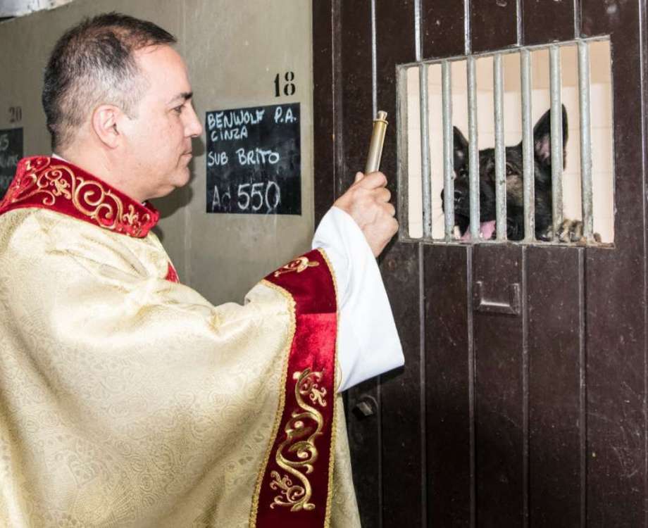 O c&atilde;es farejadores da PM tamb&eacute;m receberam aten&ccedil;&atilde;o religiosa  