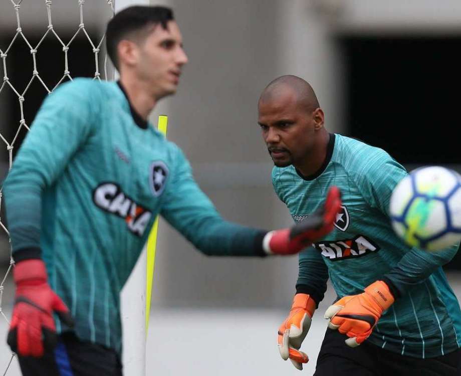Gatito Fern&aacute;ndez (E) e Jefferson treinam juntos. O goleiro paraguaio ainda sente dores no punho direito e a data de sua volta &eacute; incerta 