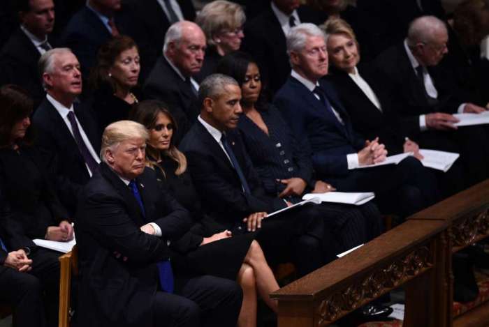 US President Donald Trump, First Lady Melania Trump; former president Barack Obama and Michelle Obama; former president Bill Clinton and former Secretary of Stte Hillary Clinton; and former president Jimmy Carter attend the State Fueral of former US president George H.W. Bush at the Washington National Cathedral in Washington, December 5, 2018. (Photo by Brendan SMIALOWSKI / AFP)