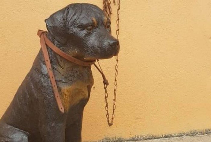 Cachorro de plástico acorrentado motivou denúncia de maus-tratos à Polícia Militar de Meio Ambiente de São Lourenço, em Minas Gerais