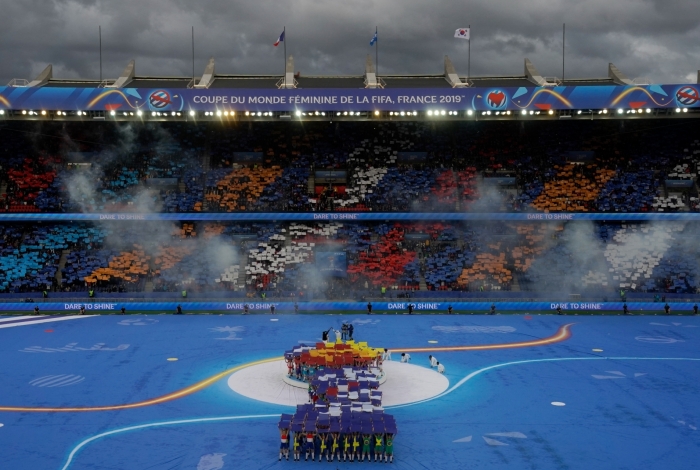 General view of the opening ceremony ahead of the France 2019 Women's World Cup Group A football match between France and South Korea, on June 7, 2019, at the Parc des Princes stadium, in Paris. (Photo by Kenzo TRIBOUILLARD / AFP)
