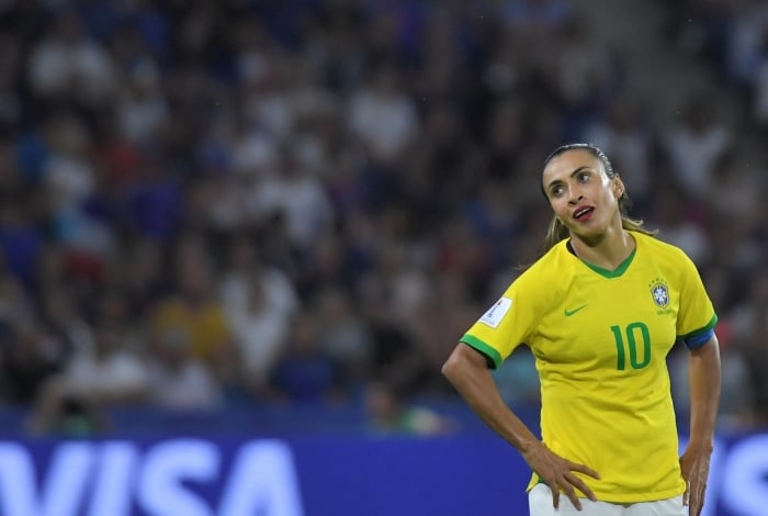 Brazil's forward Marta reacts during the France 2019 Women's World Cup round of sixteen football match between France and Brazil, on June 23, 2019, at the Oceane stadium in Le Havre, north western France. (Photo by LOIC VENANCE / AFP)