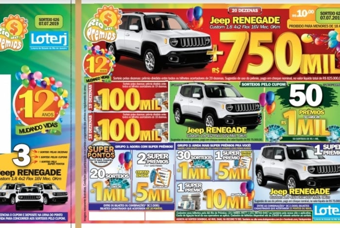 Bilhete especial do Rio de Prêmios vai sortear três Jeep Renegade, um deles com R$ 750 mil na mala