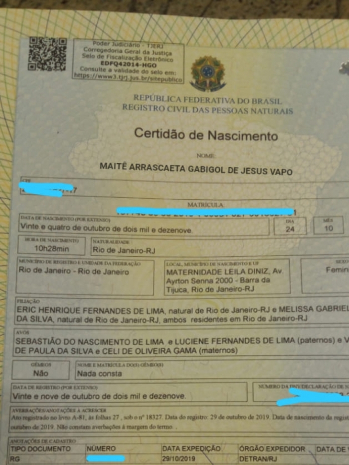 Certidão de nascimento viralizou: Maitê Arrascaeta Gabigol de Jesus Vapo