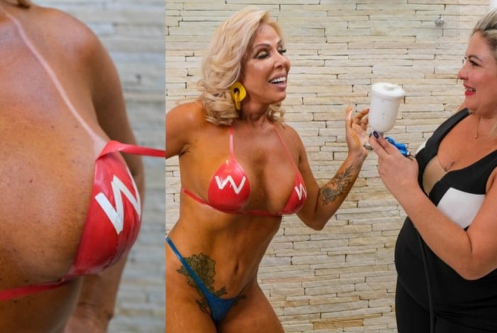 
Rosana Menezes exibe corpão em sessão de bronzeamento com biquíni de fita