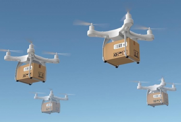 Ilustração de como seria o mercado de drones transportando itens nos céus 