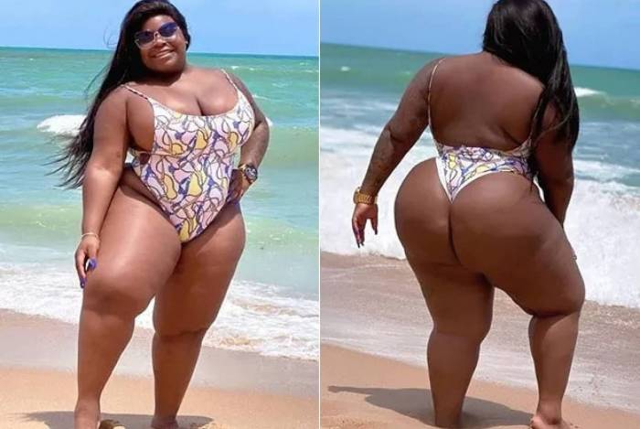 Jojo Todynho mostra frente e verso do maiô em praia