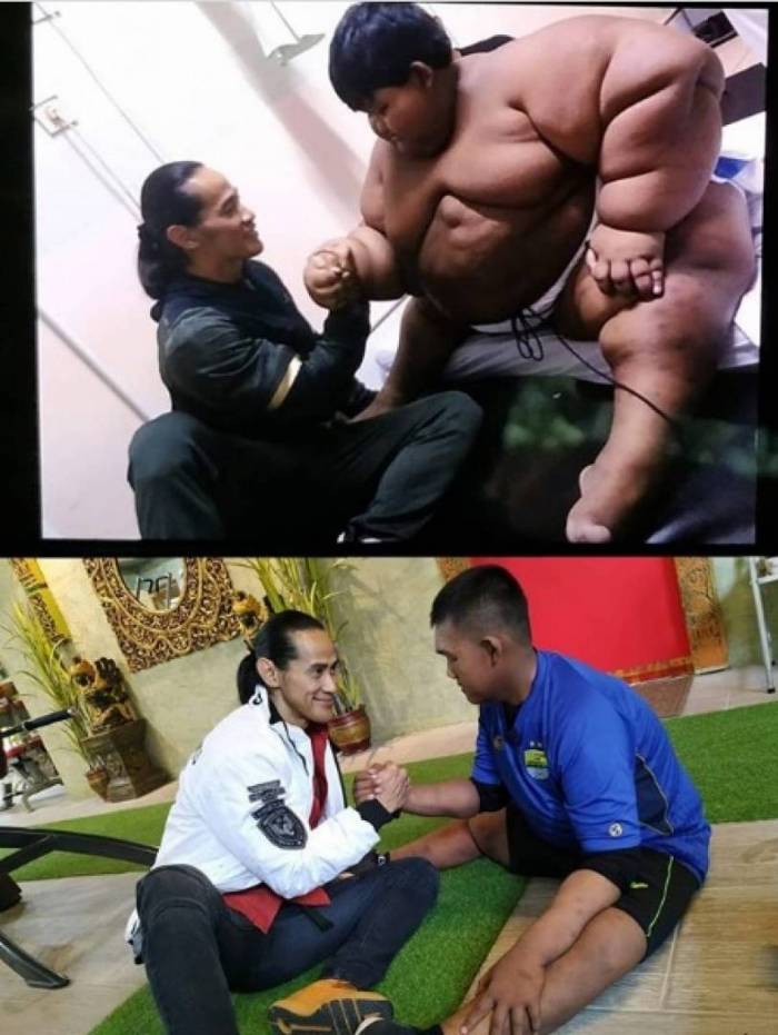 Foto que mostra a transformação do jovem em três anos 