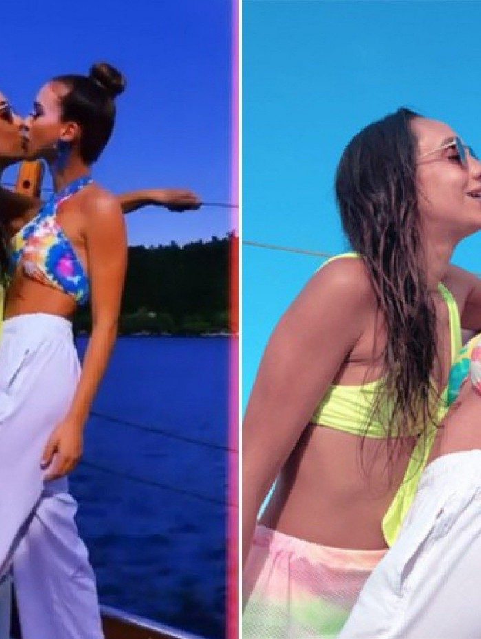 Maria Maya e Laryssa Ayres se beijam em passeio de barco