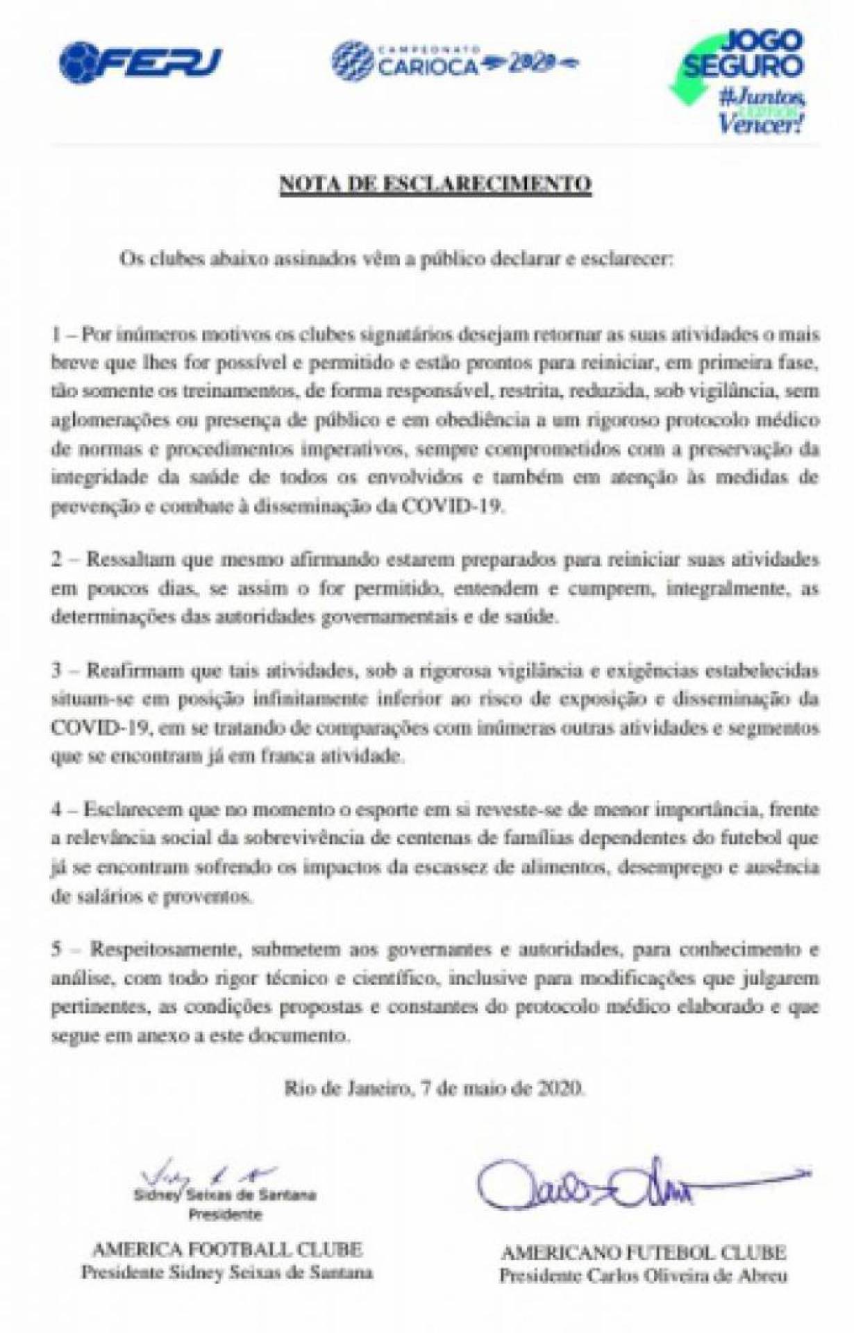 O documento assinado por parte dos clubes para o retorno do futebol no Rio - ANDREA SCHAEFER