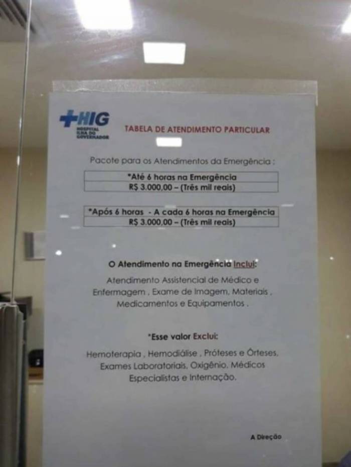 Consulta de emerg&ecirc;ncia no Hospital Ilha do Governador custa R$ 3 mil