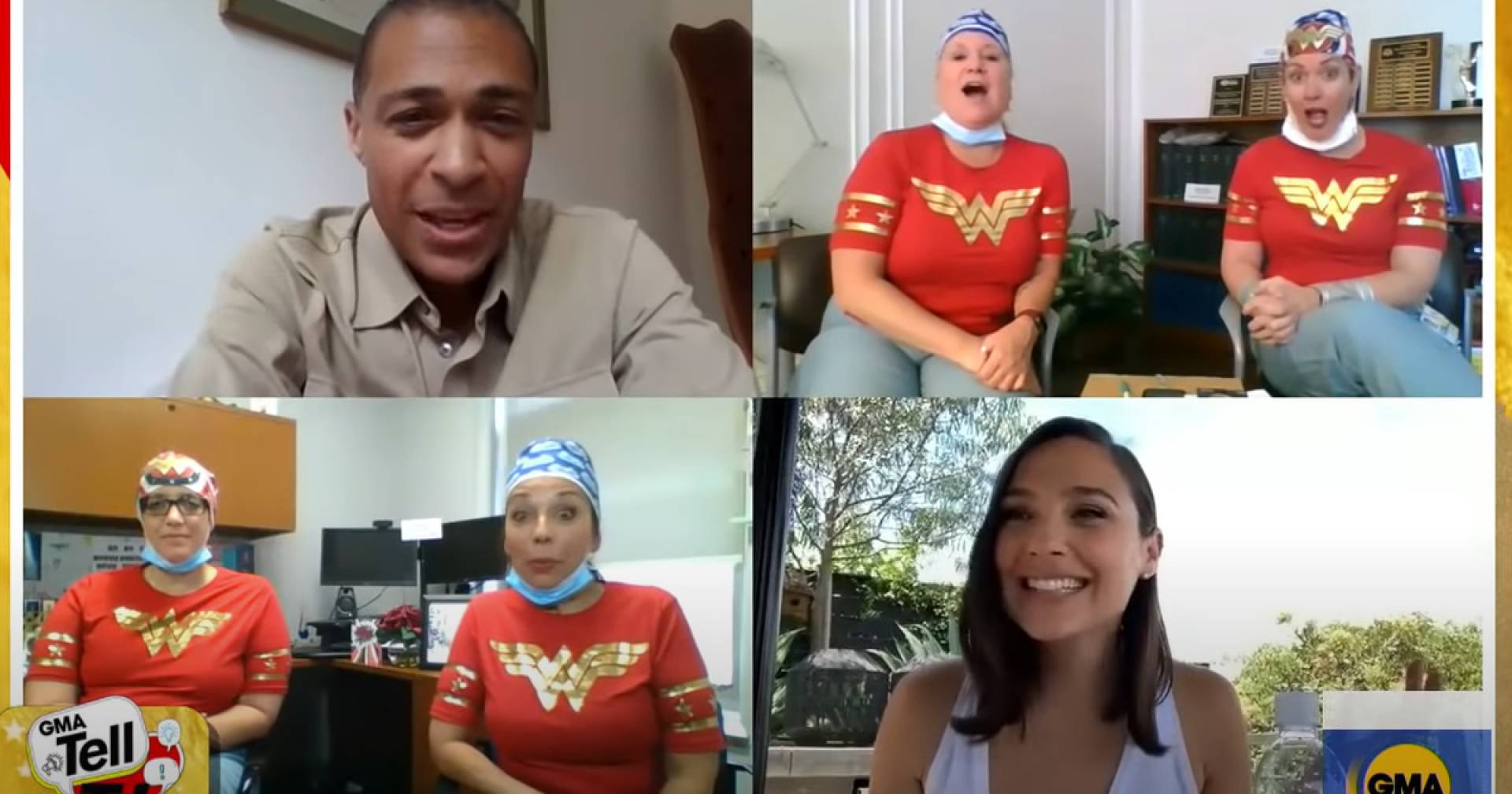 Gal Gadot, a Mulher Maravilha, faz surpresa para enfermeiras que combatem o coronavírus em roupas de heróis