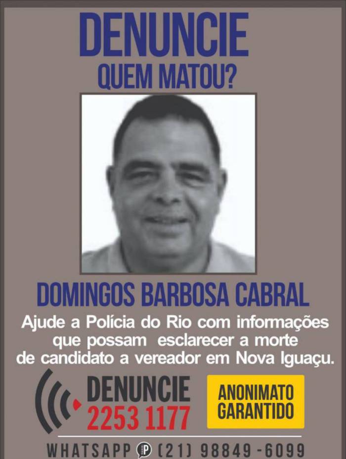 Portal dos Procurados divulga cartaz pedindo informa&ccedil;&otilde;es sobre a morte do candidato a vereador Domingos Barbosa