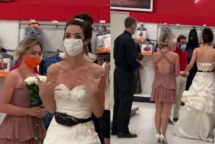 Mulher aparece vestida de noiva em loja que o namorado trabalha