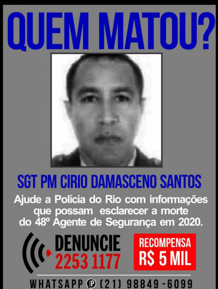 Portal dos Procurados divulga cartaz para obter informações sobre morte de Círio Damasceno Santos, de 51 anos, lotado no 14º BPM