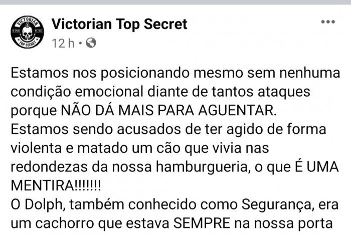 Nota publicada no perfil do Facebook da hamburgueria de casal alvo de ataques nas redes sociais. Victor Petersen afirma ser inocente