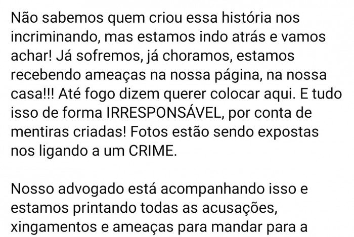 Nota publicada no perfil do Facebook da hamburgueria de casal alvo de ataques nas redes sociais. Victor Petersen afirma ser inocente