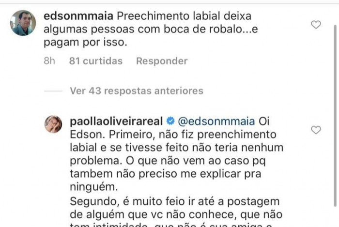 Paolla Oliveira d&aacute; bronca em seguidor que a criticou nas redes sociais