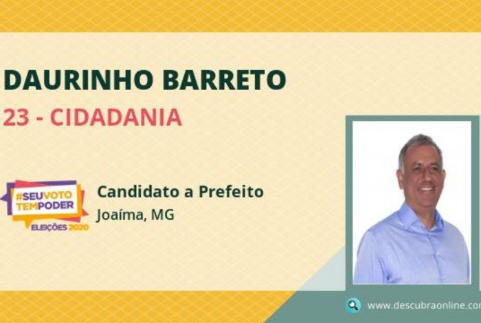 Daurinho Barreto (Cidadania) recebeu 50,01% dos votos válidos e se reelegeu em Joaima (MG)
