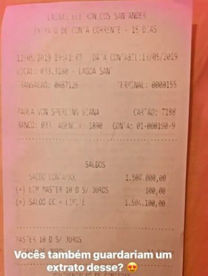 Paula Sperling mostra extrato bancário milionário 