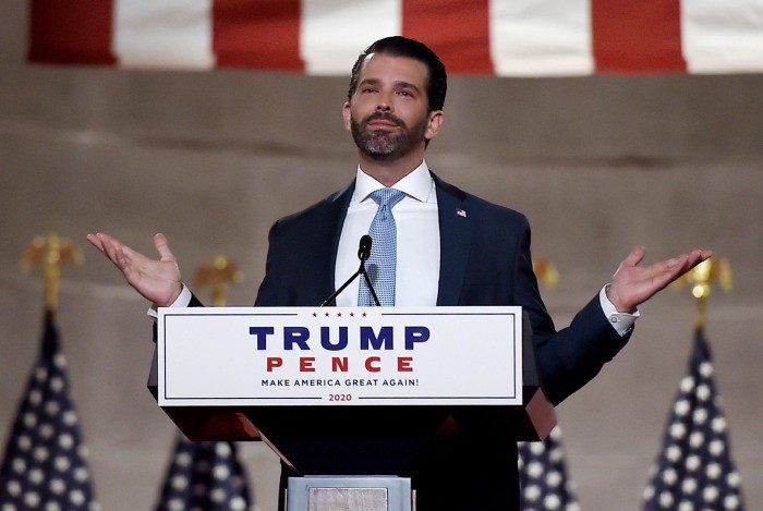 (FILES) In this file photo taken on August 24, 2020 Donald Trump Jr. speaks during the first day of the Republican convention at the Mellon auditorium in Washington, DC. - Donald Trump Jr., son of US President Donald Trump, has tested positive for Covid-19, his spokesman said on November 20, 2020. (Photo by Olivier DOULIERY / AFP)