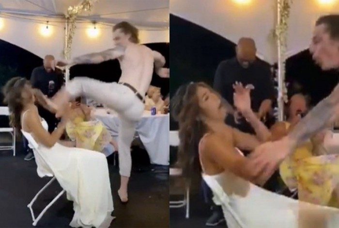 Noivo acerta chute na cara da noiva durante festa de casamento 