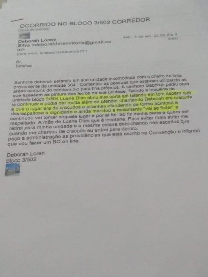 Vizinha diz que nome de Luane Dias entrou em reclamação formal por um equívoco 