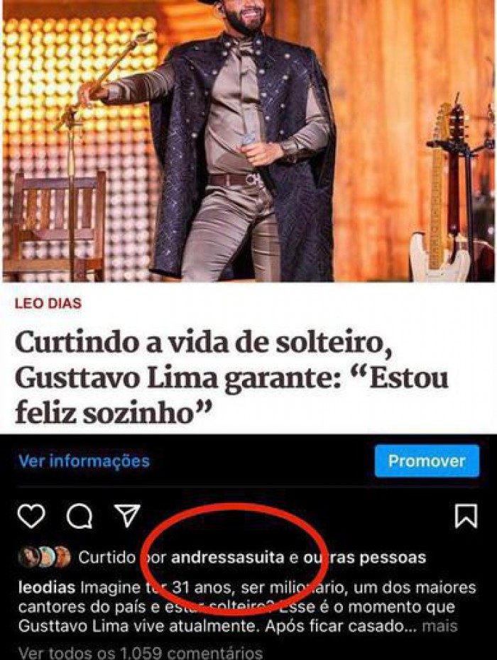Andressa Suita curte matéria sobre Gusttavo Lima