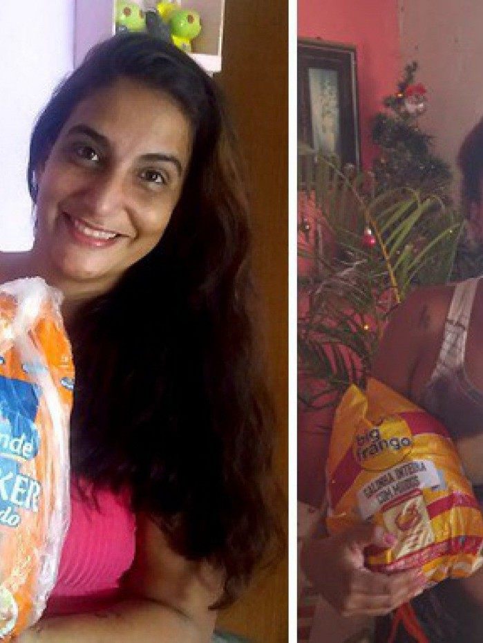 As vizinhas Viviane e Priscila, do Ibirapitanga, contentes com os frangos que compraram: ceia gostosa mas sem arrasar com o bolso