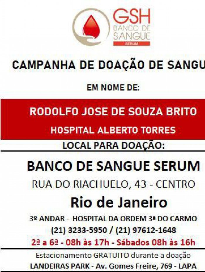 Doação de segunda a sexta das 08h às 17h e sábado das 08h às 16h.