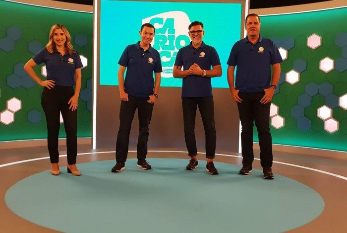 Mylena Ciribelli, Lucas Pereira, Ricardo Rocha e Guttemberg Fonseca durante transmissão do Carioca 2021