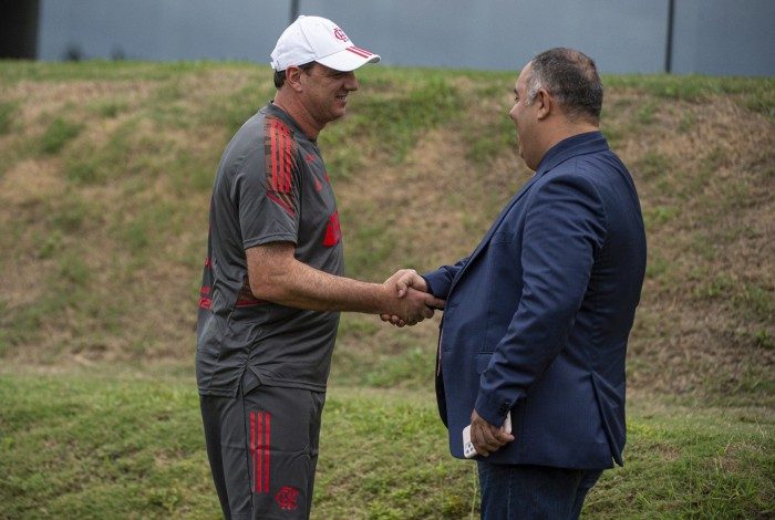 Rogério Ceni e Marcos Braz no Ninho do Urubu nesta segunda-feira