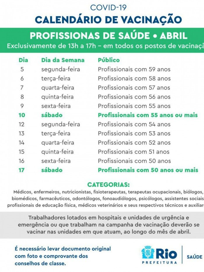 Calend&aacute;rio de vacina&ccedil;&atilde;o para profissionais da sa&uacute;de