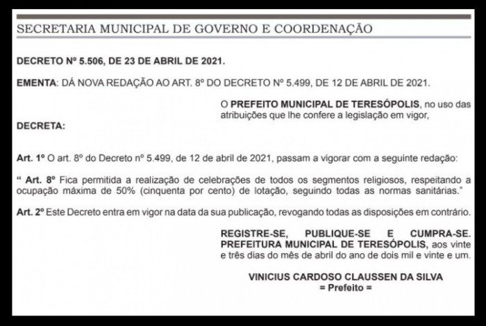 Atualização no decreto que regula as atividades em Teresópolis