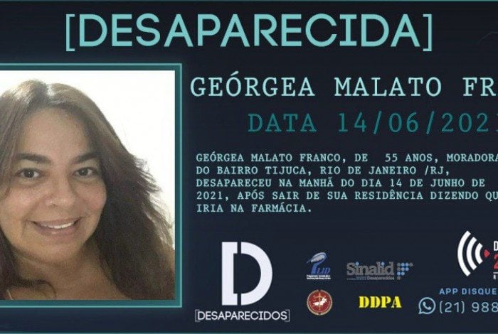 Disque Denúncia lança cartaz de Geórgea Malato Franco, de 55 anos, desaparecida na manhã do dia 14 de junho de 2021, após sair de sua casa dizendo que iria à farmácia