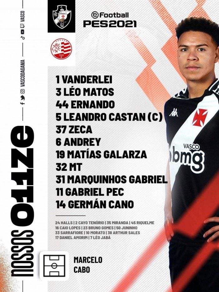 Escalação do Vasco para enfrentar o Náutico, pela 12ª rodada da Série B