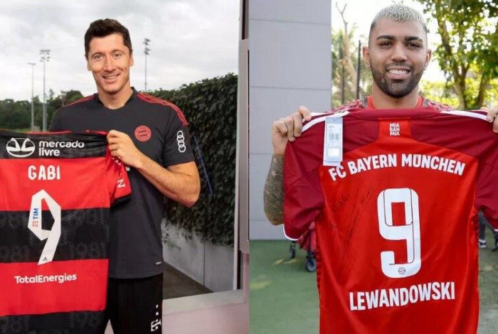 Os atacantes Lewandowski, do Bayern de Munique e Gabigol, do Flamengo, trocam camisas
