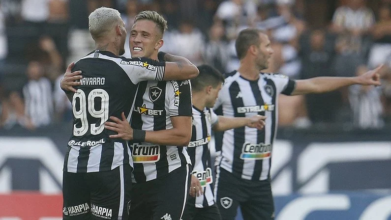 Matheus Frizzo e Rafael Navarro comemoram o gol que garantiu o Botafogo na S&eacute;rie A