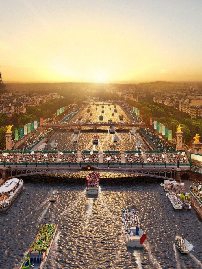 Imagem de como o Comitê Organizador de Paris-2024 prevê o desfile das delegações no Rio Sena