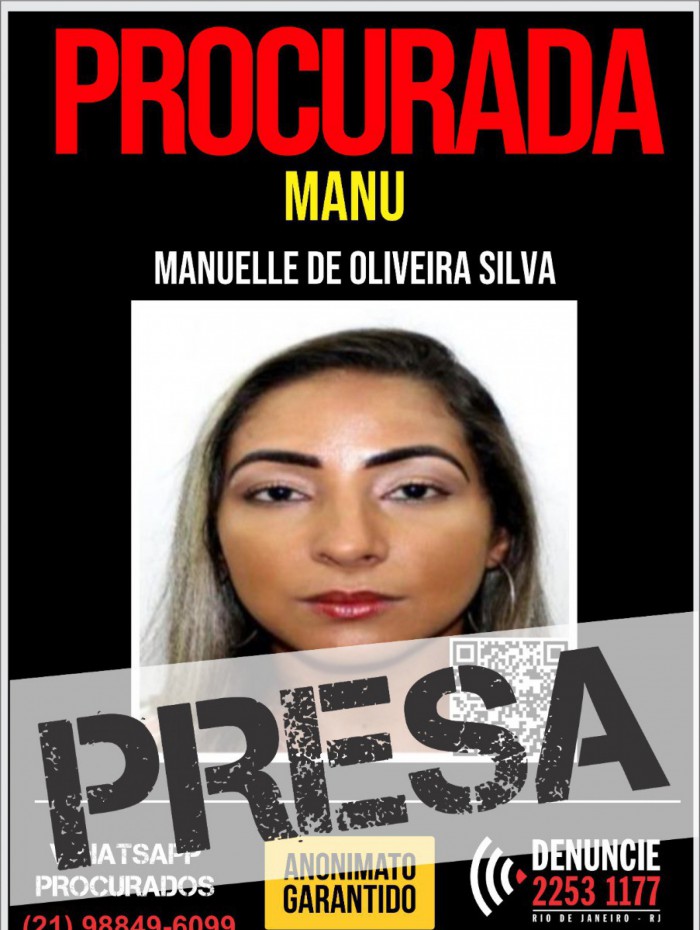 A criminosa foragida da Justiça, Manuelle de Oliveira Silva, a Manu, de 27 anos. Ela é acusada de uma Tentativa de Homicídio, em Bonsucesso, Zona Norte do Rio, no ano de 2020