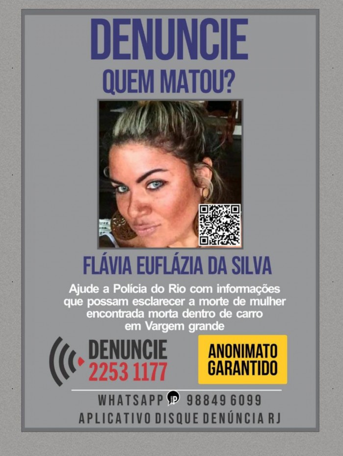 Portal dos Procurados divulga cartaz para encontrar responsáveis pela morte da empresária Flávia Euflázia da Silva 