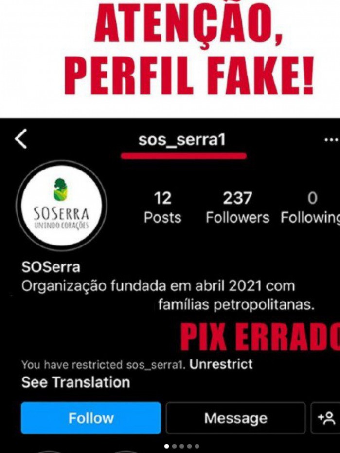 SOS Serra alerta para perfil fake criado