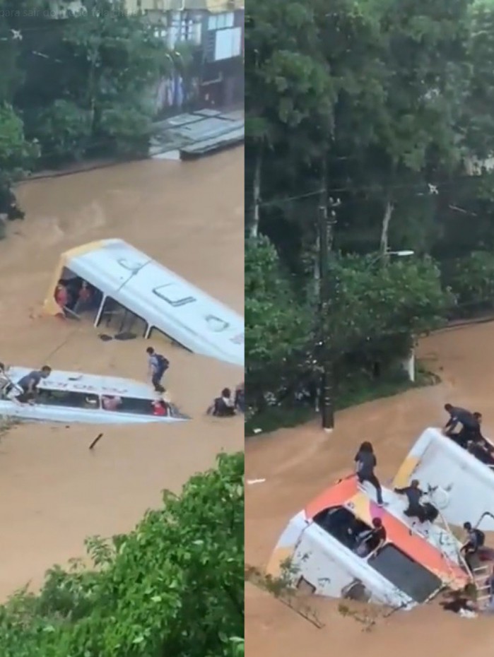 Menino aparece subindo na lateral de um dos coletivos que afundou no Rio Quitandinha