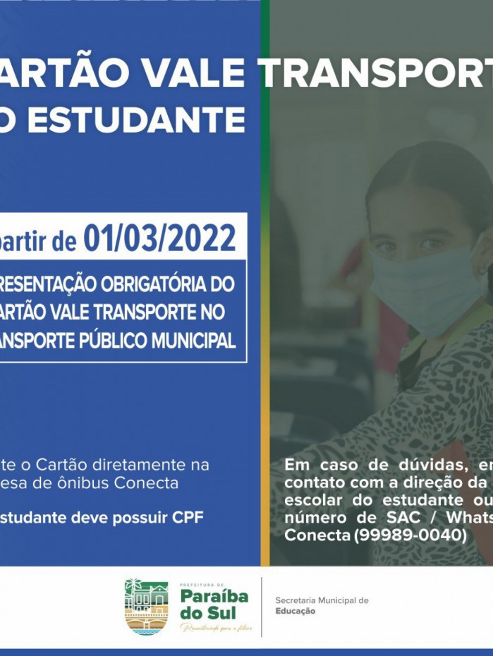 Cartaz avisando sobre a obrigatoriedade do vale transporte para os estudantes em Paraíba do Sul