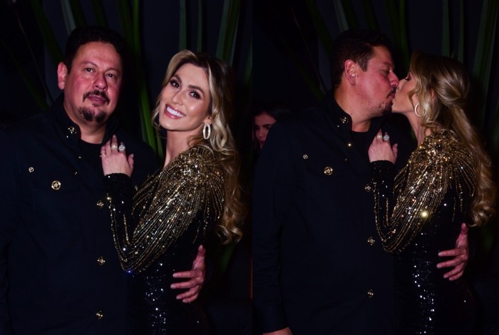 Lívia Andrade troca beijos com o namorado, Marcos Araújo, em festa de lançamento de seu novo programa