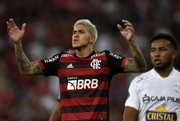 O Flamengo Pedro reage durante a partida de futebol da fase de grupos da Copa Libertadores entre o Flamengo do Brasil e o Sporting Cristal do Peru, no estádio do Maracanã, no Rio de Janeiro, Brasil, em 24 de maio de 2022.
MAURO PIMENTEL / AFP