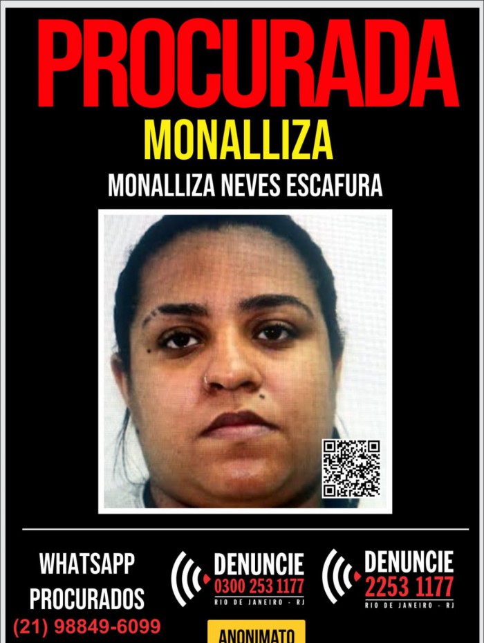 Contra Monalliza Escafura, foi expedido um mandado de prisão pelo crime de homicídio qualificado, com pedido de prisão preventiva, com validade até 2042